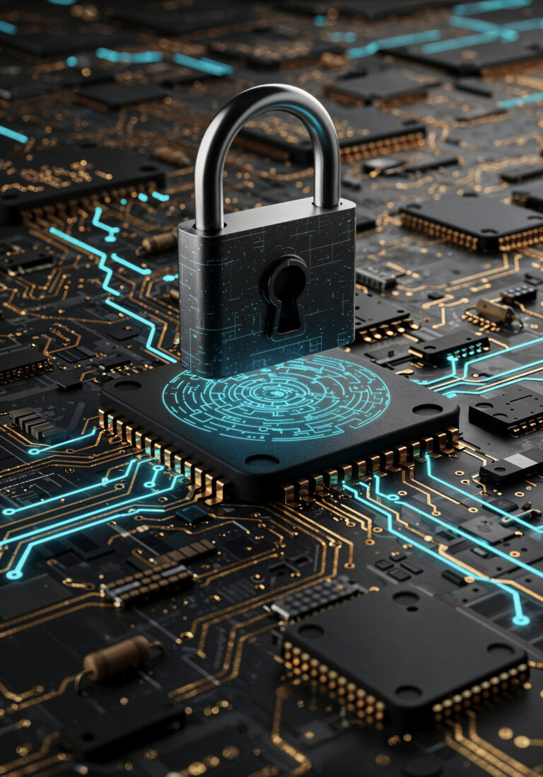 cybersecurity concept padlock circuit board scaled