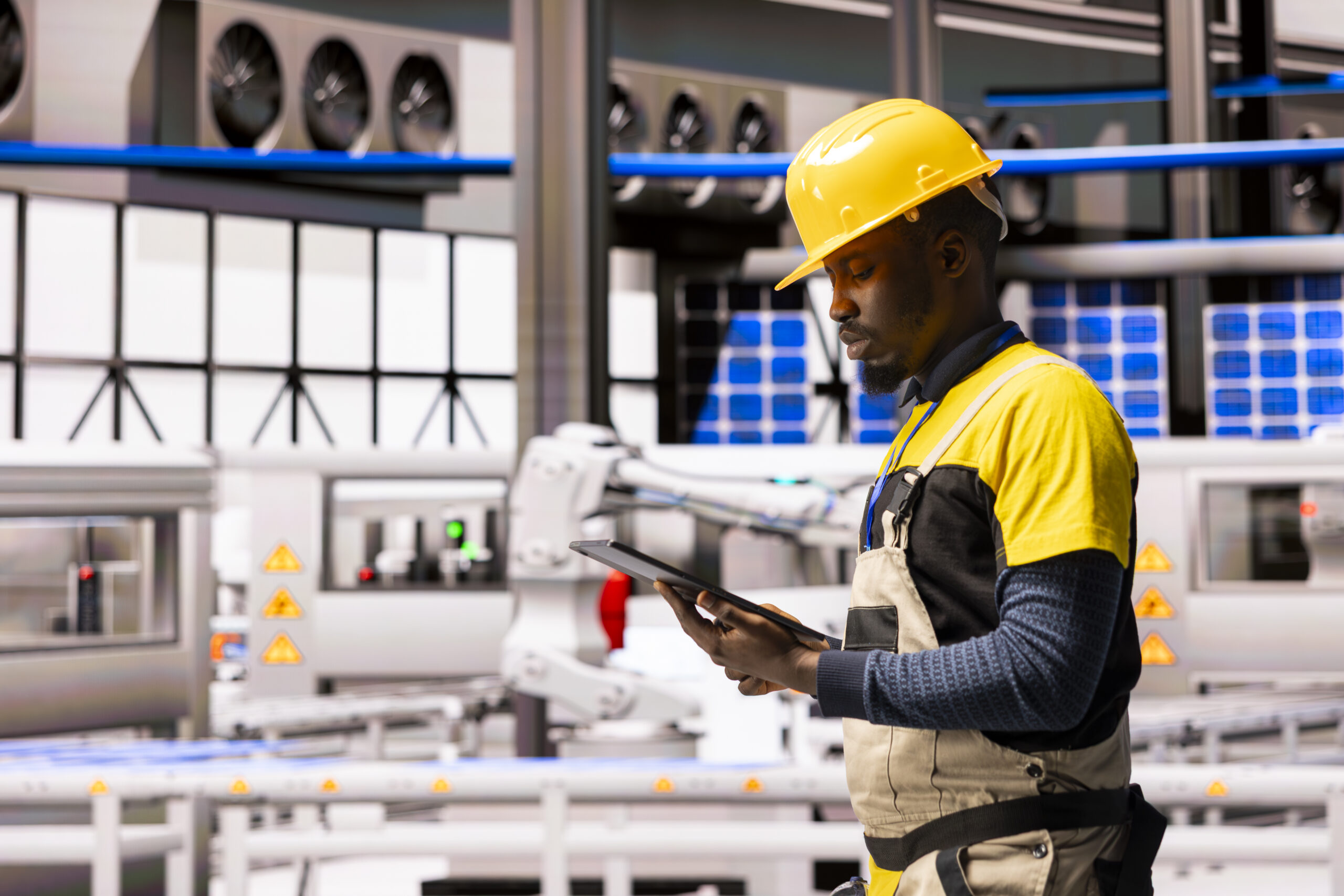 automated factory employee manages industrial automation system